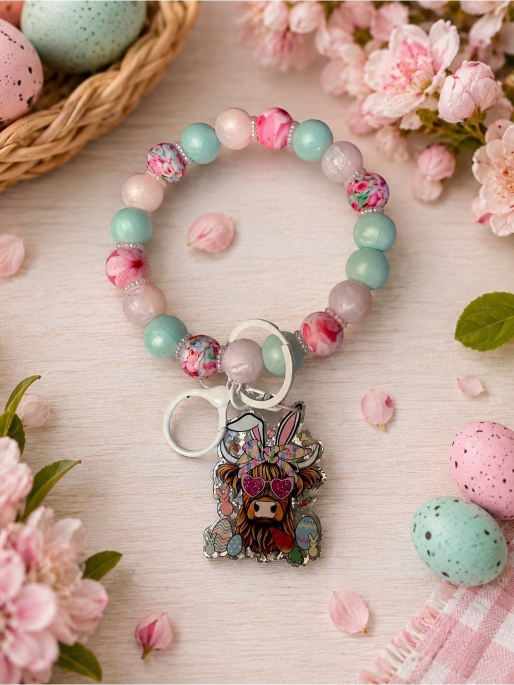 Handmade Beaded Pastel Wristlet Keychain Bracelet with Floral Cow Charm